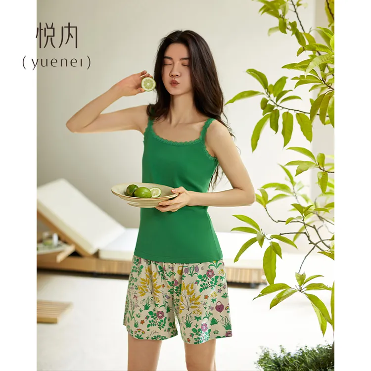 悦内带胸垫睡衣女款夏季夏天纯棉吊带背心短裤家居服薄款休闲套装