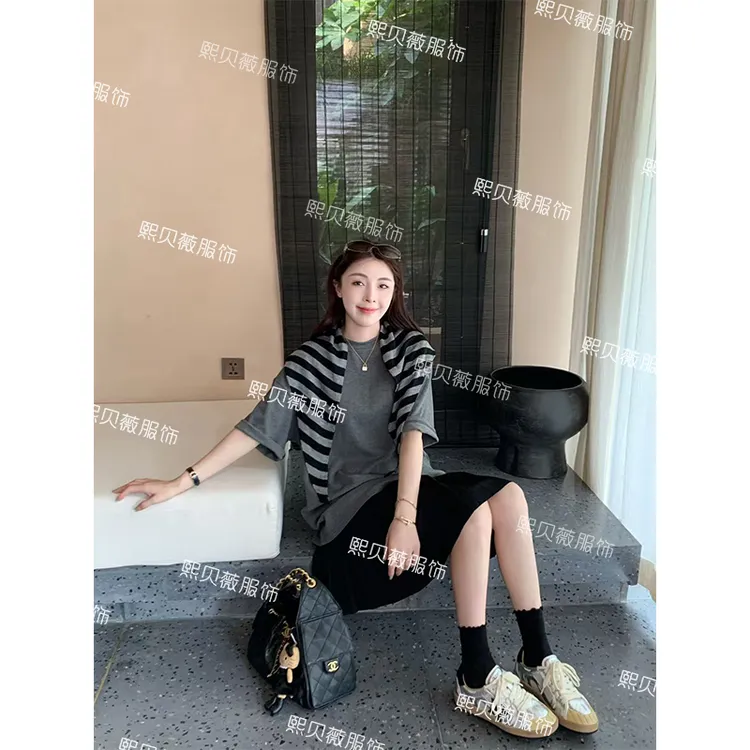 熙贝薇2 欧货简约中袖圆领带条纹针织披肩两件套短袖t恤 G5090