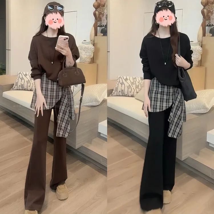 2025秋冬新款洋气酷飒风痞帅宽松斜肩卫衣时尚拼接格子长裤套装女