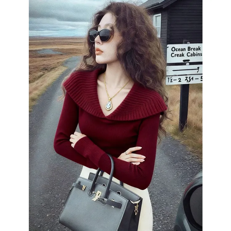 2025秋冬季新款女装翻领红色毛衣高级感别致气质漂亮显瘦针织衫女