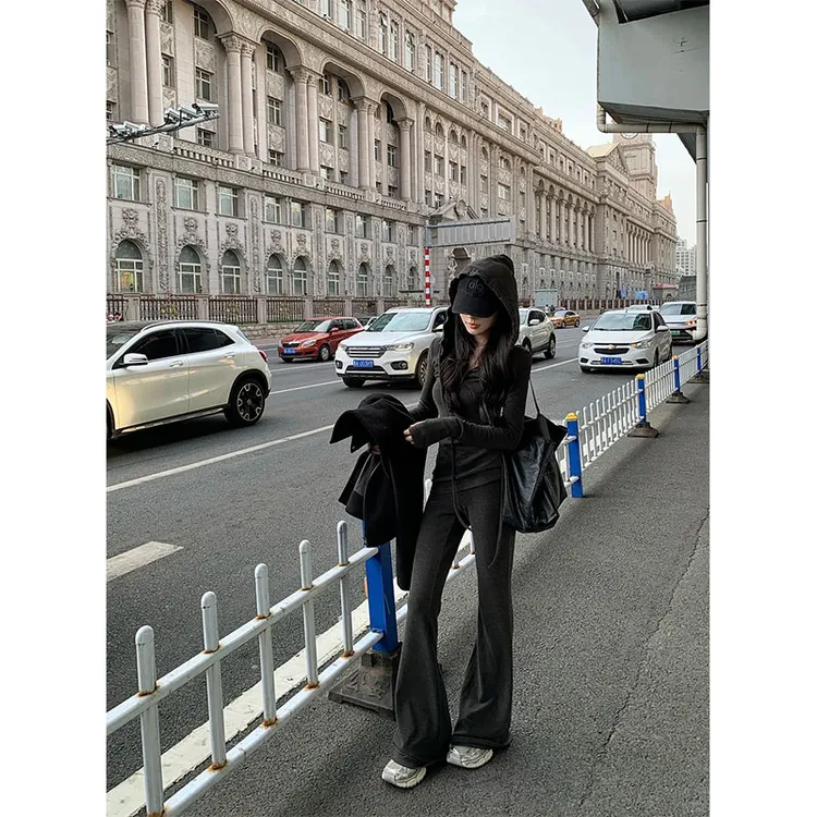 秋季设计感御姐风修身显瘦百搭时尚薄款长袖上衣休闲简约直筒长裤
