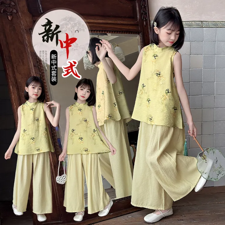 女童夏装套装新中式国风套装2025新款小女孩薄款复古风两件套大童