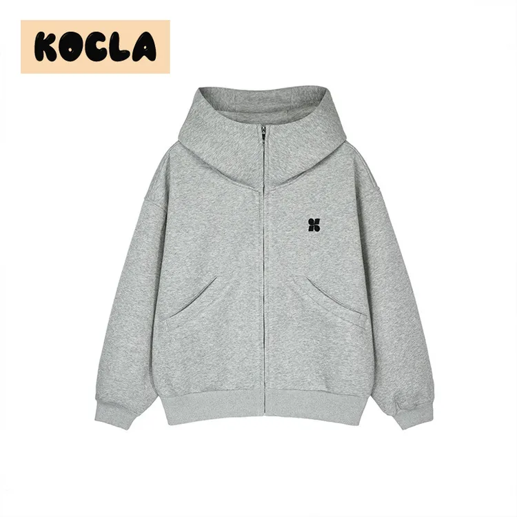 KOCLA美式高街简约高领开衫空气层卫衣连帽上衣男秋冬加厚外套