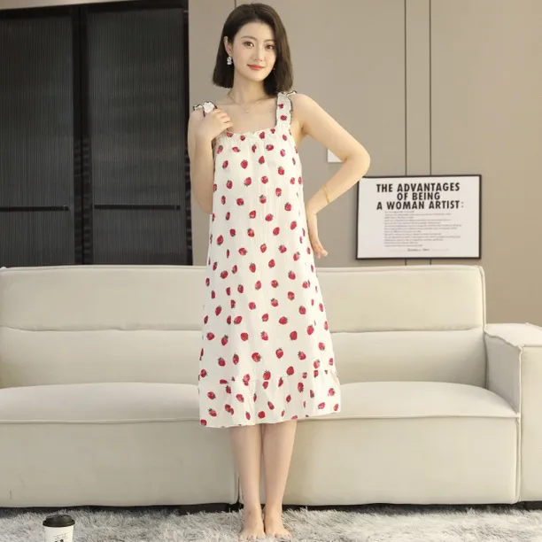 100%纯棉双层纱布夏季透气中长款褶皱印花睡裙春夏碎花无袖纯欲风