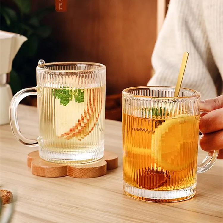 玻璃杯水晶无盖水杯女茶杯条纹杯子带有耳家用耐高温竖纹新款2024