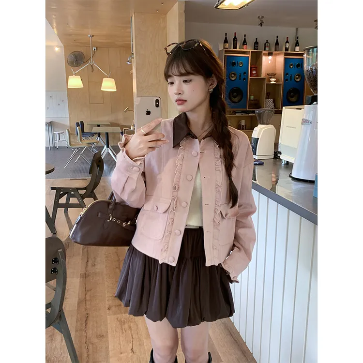 miu系甜美粉色麂皮绒宽松外套女秋季新款撞色拼接翻领显瘦短上衣