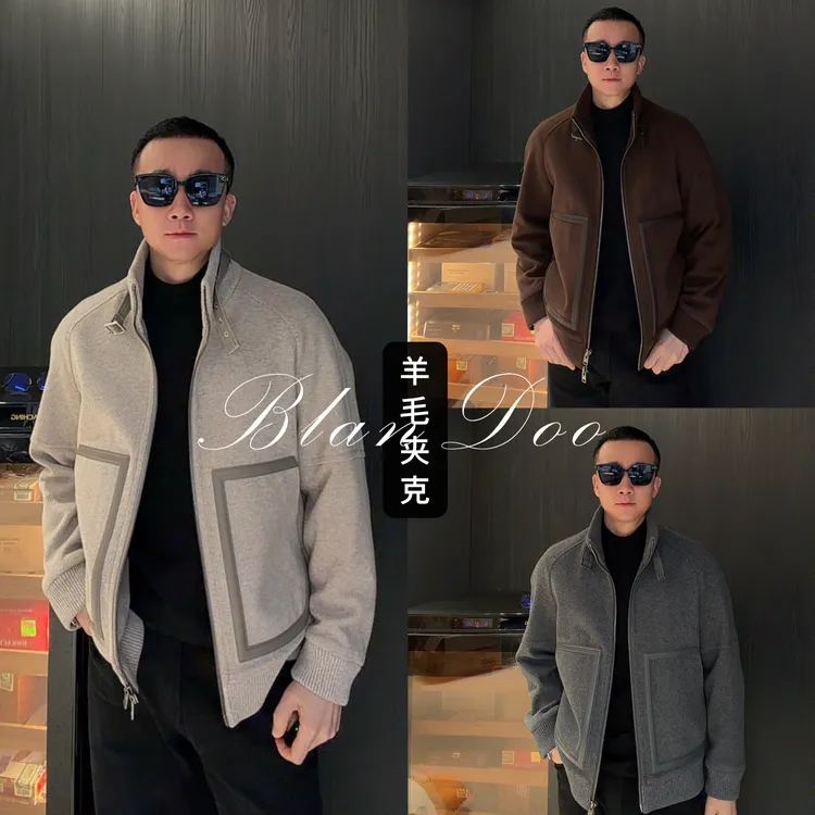 BLANDOO "意式设计” 绵羊毛混纺拼皮立领夹克外套25895