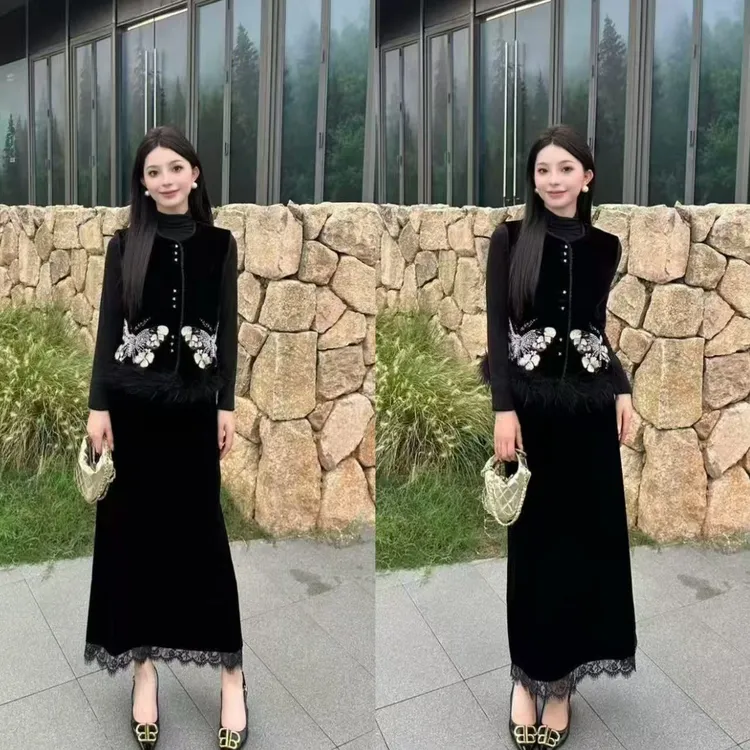真毛可拆-国风设计感丝绒蝴蝶刺绣钉珠洋气无袖丝绒马甲女装上衣