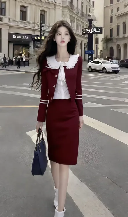 休闲风显瘦百搭长袖短款外套+白色内搭+包臀中长裙酒红色三件套