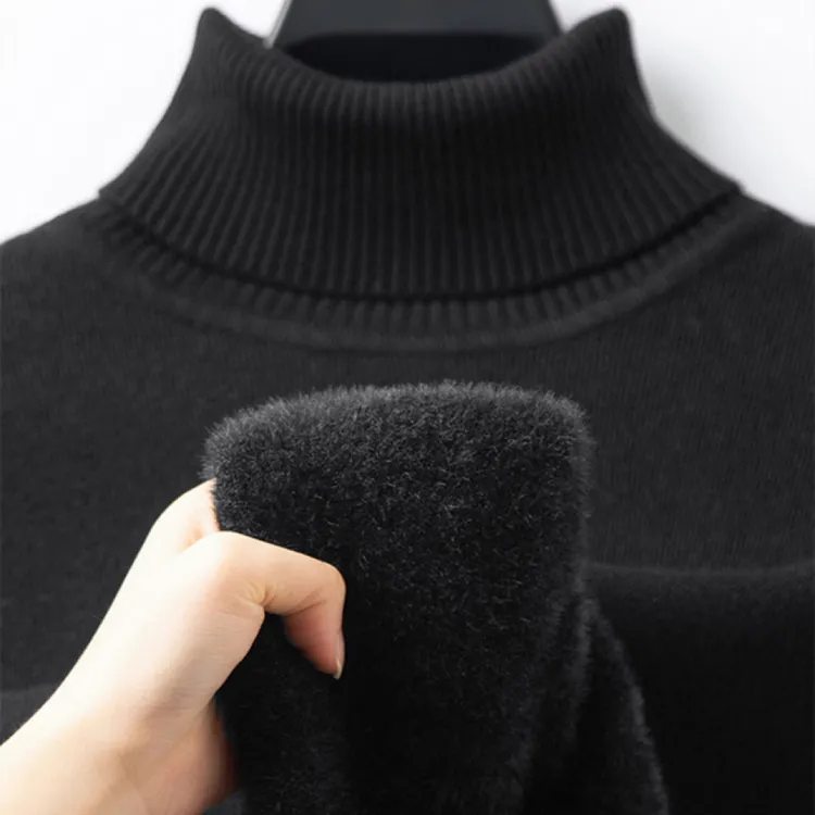 【加绒加厚】男士冬季一体绒高领可翻毛衣纯色针织衫百搭打底毛线衣