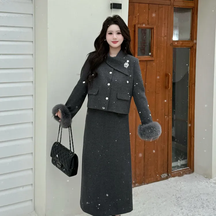 拉夏贝尔Homme/【克拉千金】灰色上衣+灰色长半裙两件套LA5ZL114046