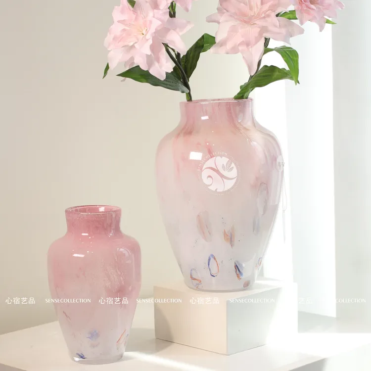 轻奢奶油风圆润宽口渐变晕染手工琉璃花瓶水培插花客厅餐桌（微瑕）