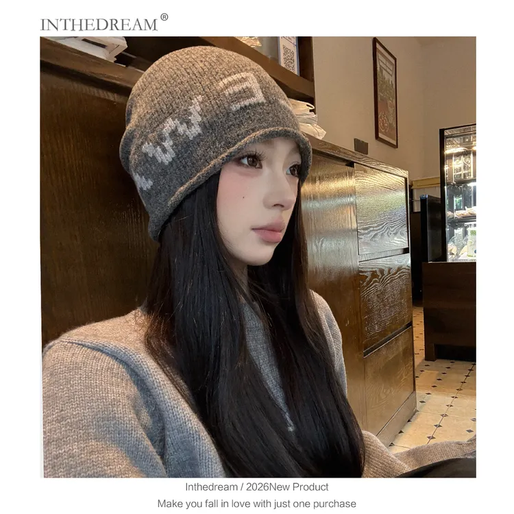 韩国小众冷帽女新款字母抽绳针织毛线帽个性秋冬保暖包头帽子情侣