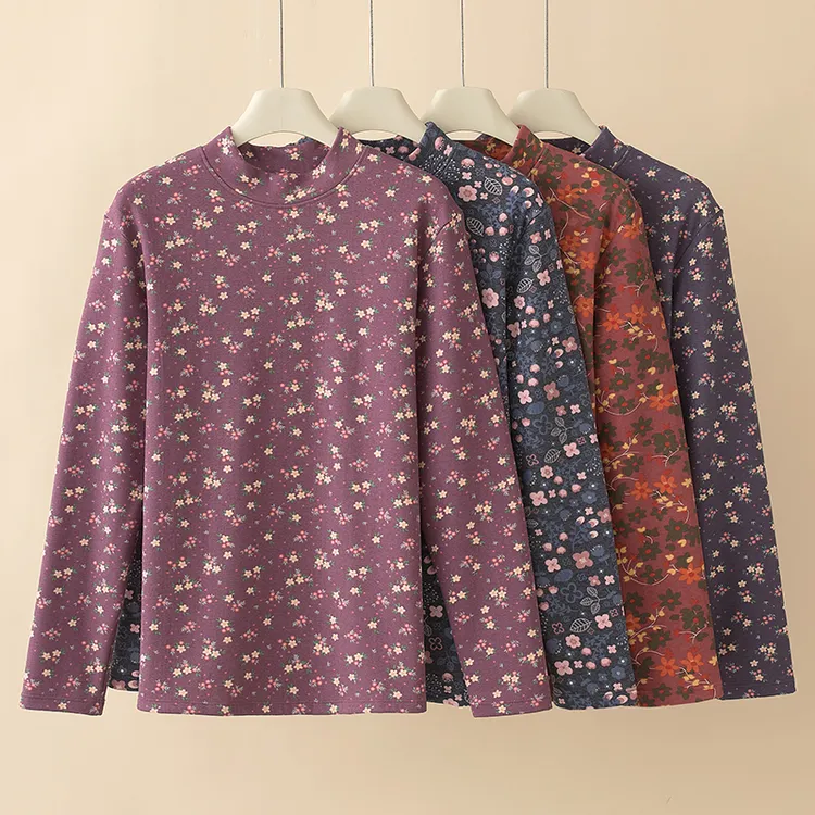 加大码妈妈女秋衣外穿上衣中老年半高领印花长袖奶奶保暖衣打底衫