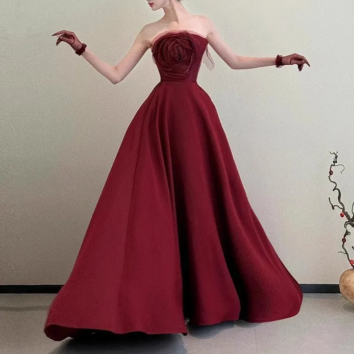 敬酒服抹胸新娘高级感酒红色缎面结婚订婚礼服裙回门答谢宴会气质