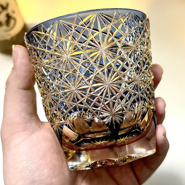 江户切子蓝雏菊无铅玻璃威士忌酒杯手工复古日式雕花玻璃杯洋酒杯