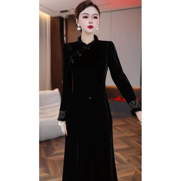 金喜阔太太高贵改良旗袍连衣裙女冬季2024新款新中式金丝绒a字裙