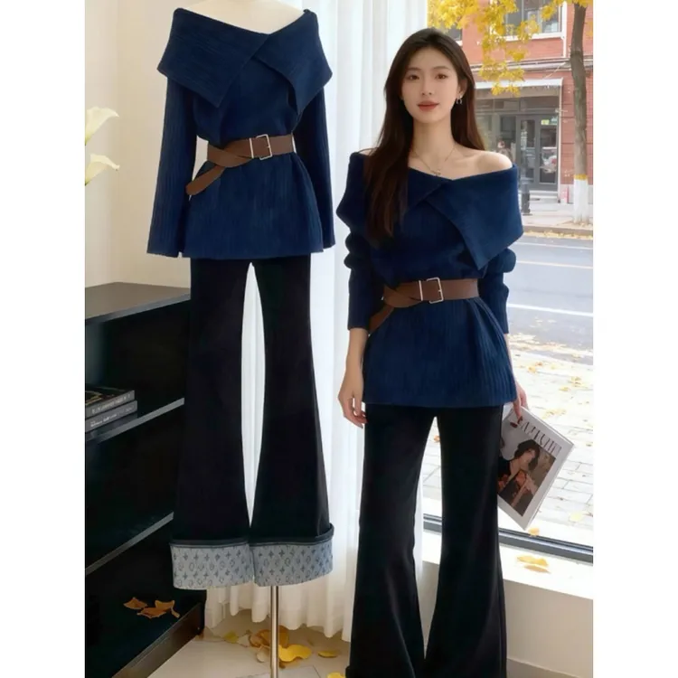 冬季温柔风一字肩翻领慵懒风中长款针织毛衣2025秋冬新款上衣女装