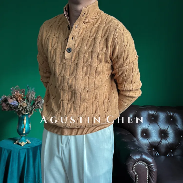 Agustin_Chen 秋冬意式老钱针织厚款半高领扭花男士复古套头毛衣
