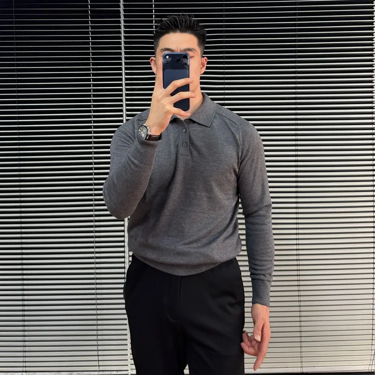 绵羊毛 30.7%针织翻领T恤休闲长袖男纯色Polo衫商务休闲针织衫
