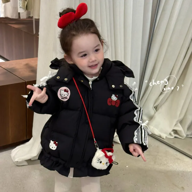橙小七2025冬季新款女童小童韩版kt猫侧条纹蕾丝边羽绒服加厚外套