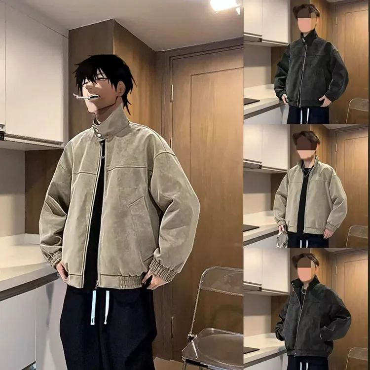 HN潮牌扎染pu春季新款复古麂皮立领皮衣夹克痞帅宽松百搭情侣