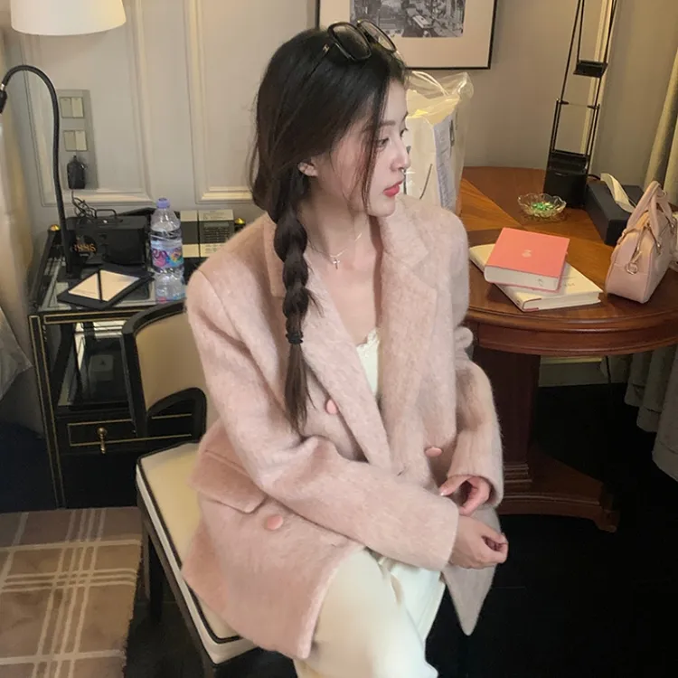 16025#韩版粉色加棉加厚西装外套女秋冬小个子保暖高级感西服上衣