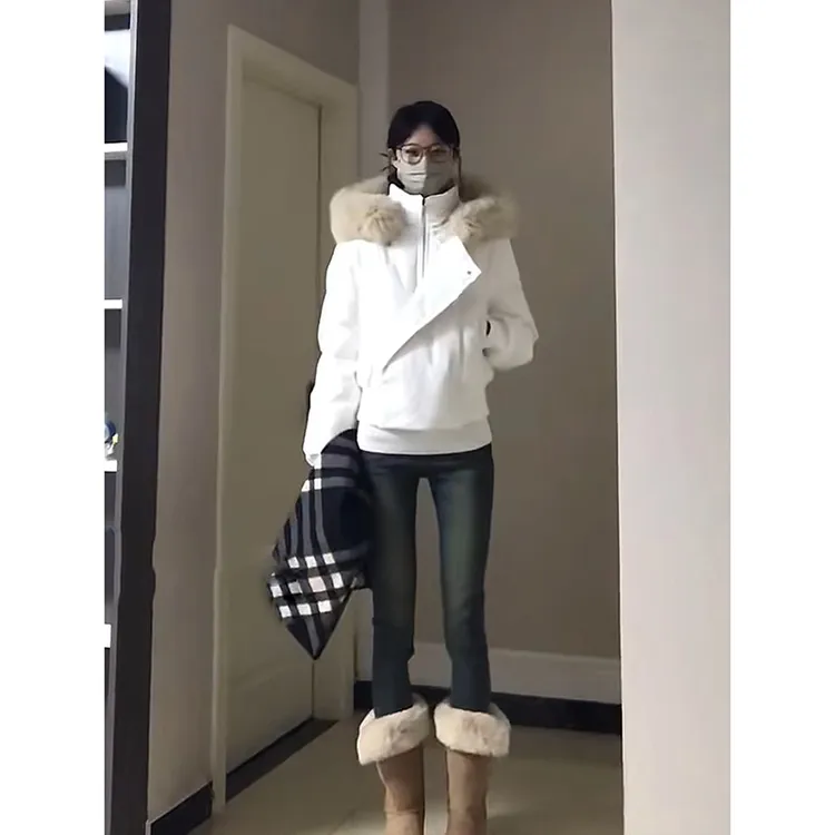 白色短款连帽排骨羽绒棉服女冬季2025新款小个子加厚保暖上衣外套