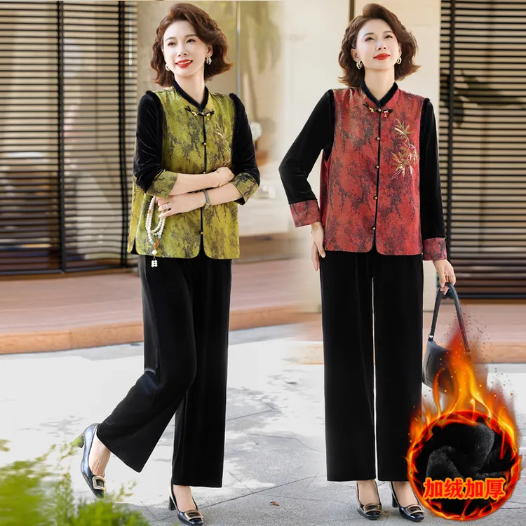 竹叶妈妈装加绒加厚三件套裤国潮印花中老年女装金丝洋气复古
