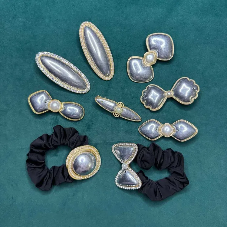 国风非遗宋锦钻珍珠椭圆发夹玫瑰花蝴蝶结发绳贴皮DIY饰品底胚