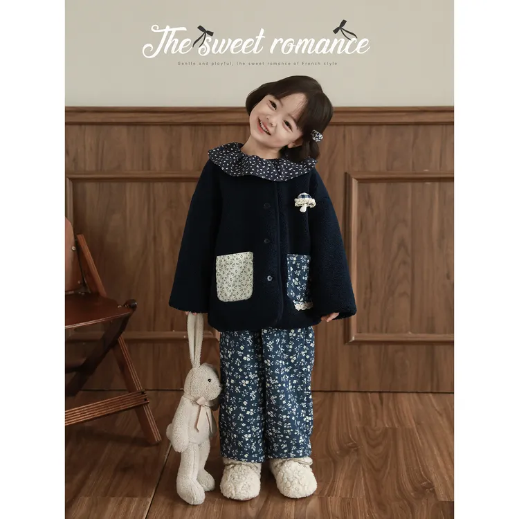 幼悠女童冬装复古田园风碎花加绒加厚套装简约童装儿童衣服D4326