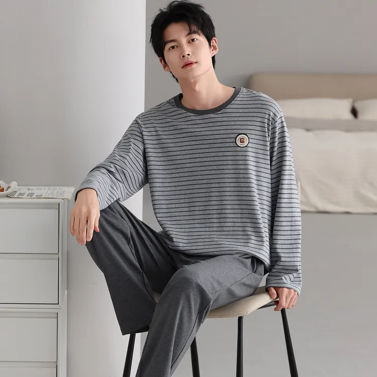 新款男士纯棉睡衣秋季6XL大码简约圆领可外穿青年薄款家居服套装