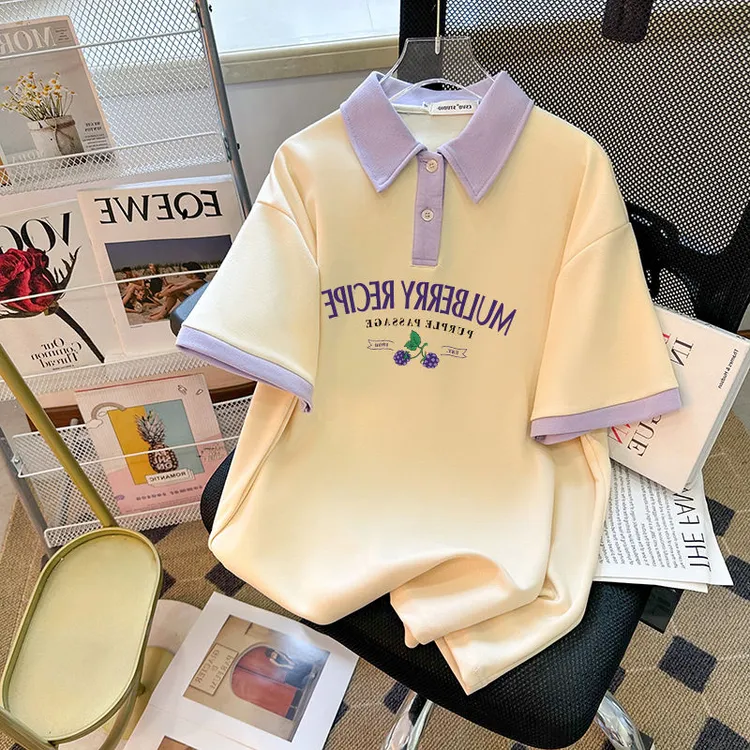 特大码女生胖mm日系甜美印花宽松拼色短袖polo衫男女休闲情侣T恤