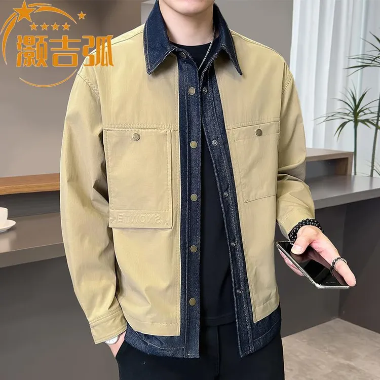 灏吉弧假两件夹克翻领男款春秋季2025新款工装休闲牛仔外套男士