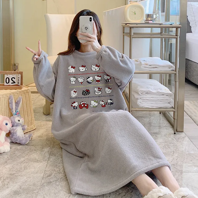 米粒绒睡裙女秋冬季卡通加厚加绒珊瑚绒睡衣2025新款中长款家居服
