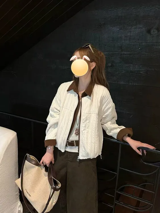 撞色拼接翻领轻薄棉衣外套女欧货2025秋季新款宽松显瘦假两件夹棉