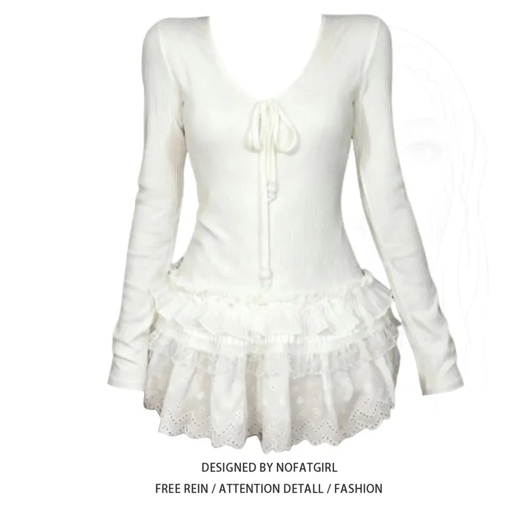 大码胖MM白色V领蕾丝蝴蝶结长袖打底衫女秋冬甜美高级感内搭上衣