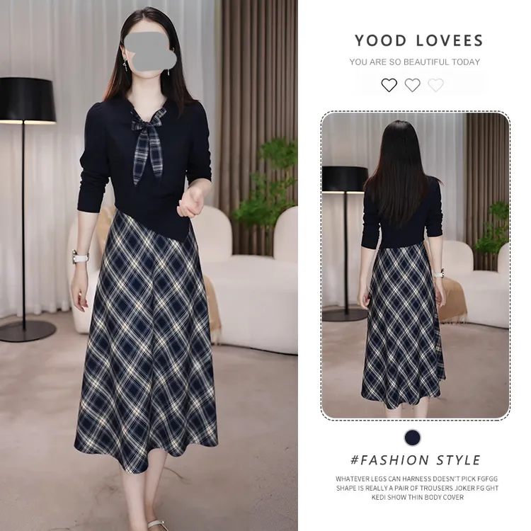 长袖格纹时尚气质假两件连衣裙女2025春秋新款端庄大气中长款裙子