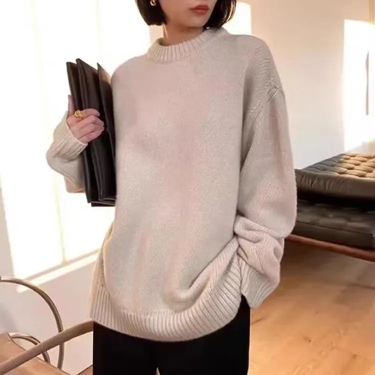 爆款韩版女士全羊毛衫100%澳洲羊毛加厚圆领针织衫慵懒风时尚毛衣