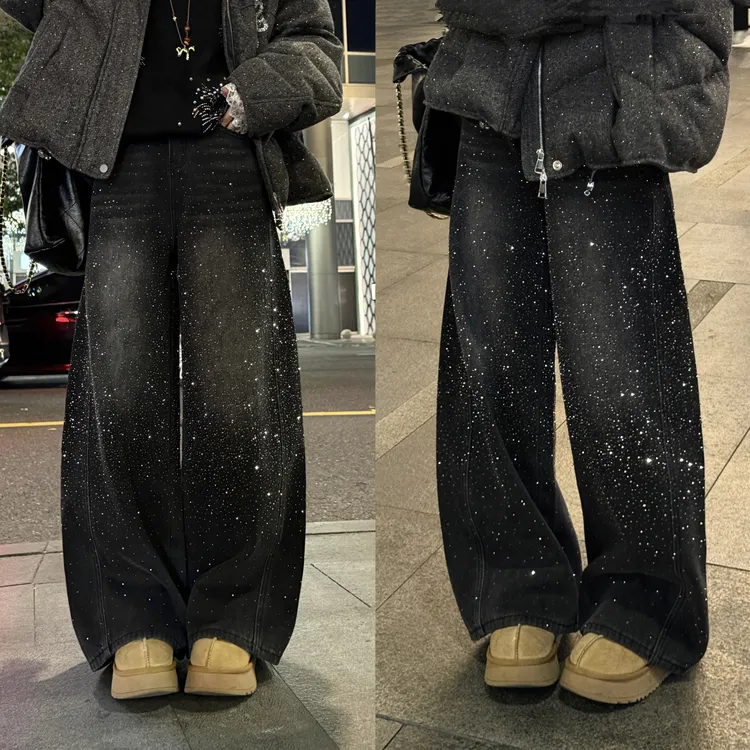 YDFSTUDIO小众【灿烂星钻】欧货高品重工烫钻加绒设计弯刀牛仔裤