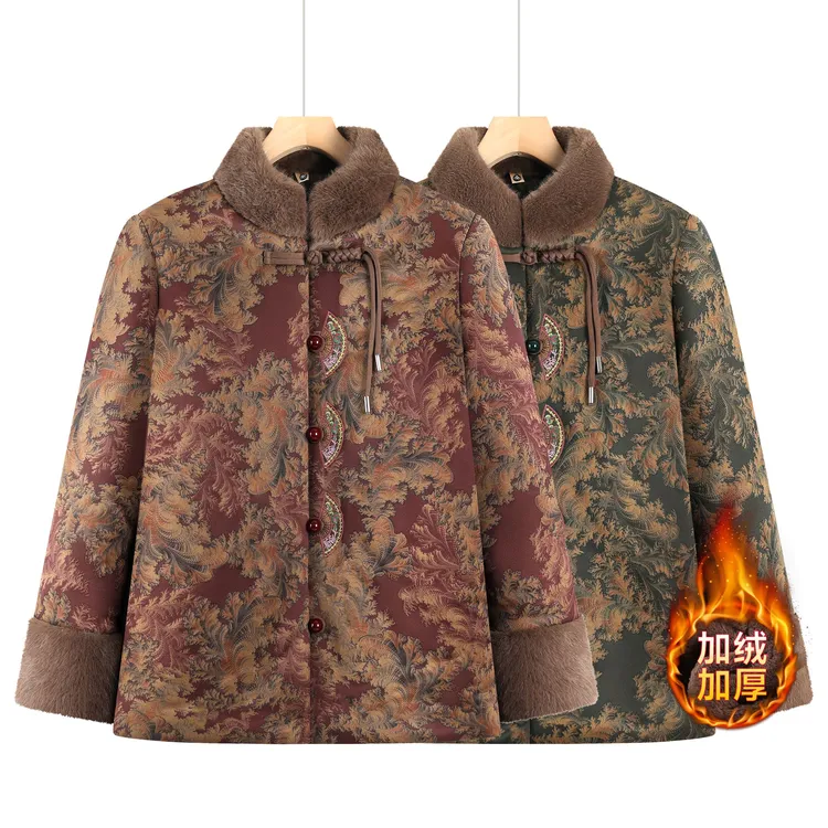 冬装中老年女装盘扣棉服民族风立领口袋碎花妈妈奶奶保暖棉衣棉袄