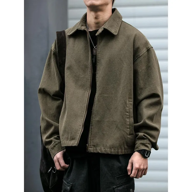 美式覆古水洗做旧vintage工装夹克男春秋boxy短款翻领休闲外套潮