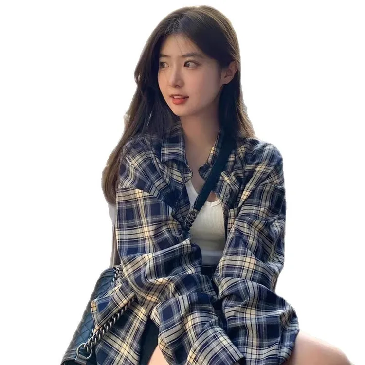 2025新款美式复古格子衬衫气质通勤时尚小众宽松百搭衬衣长袖外套