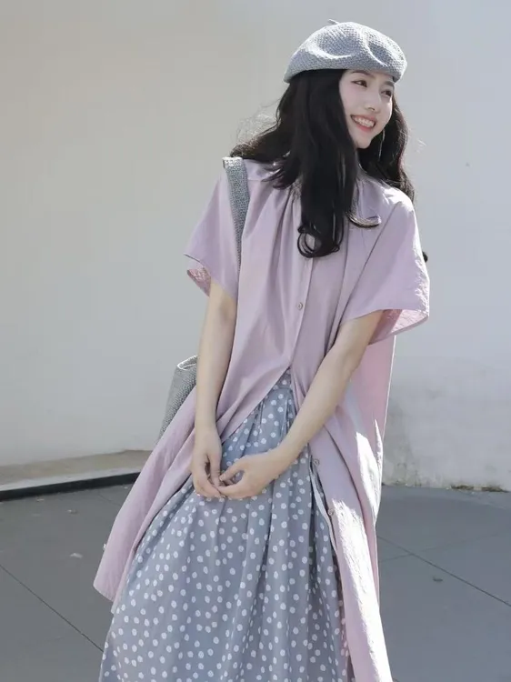 2025春季新款法式温柔风紫色短袖衬衫连衣裙百搭碎花半身裙两件套