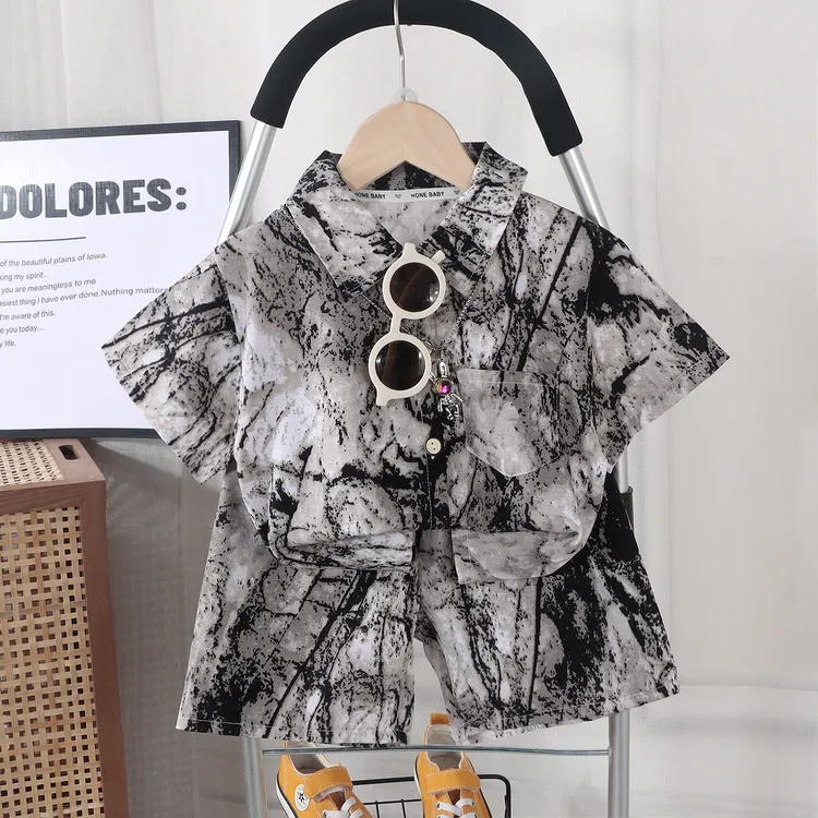 洋气男童新款儿童衬衫套装夏装短袖外穿休闲薄款中大童服飾套装