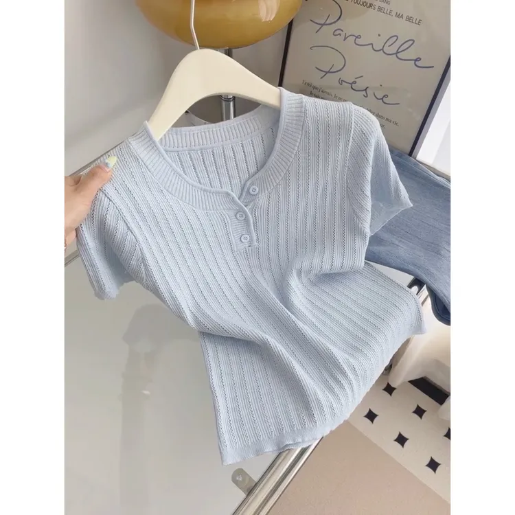 小众女装镂空提花冰丝针织短袖T恤女夏季薄款圆领正肩显瘦上衣