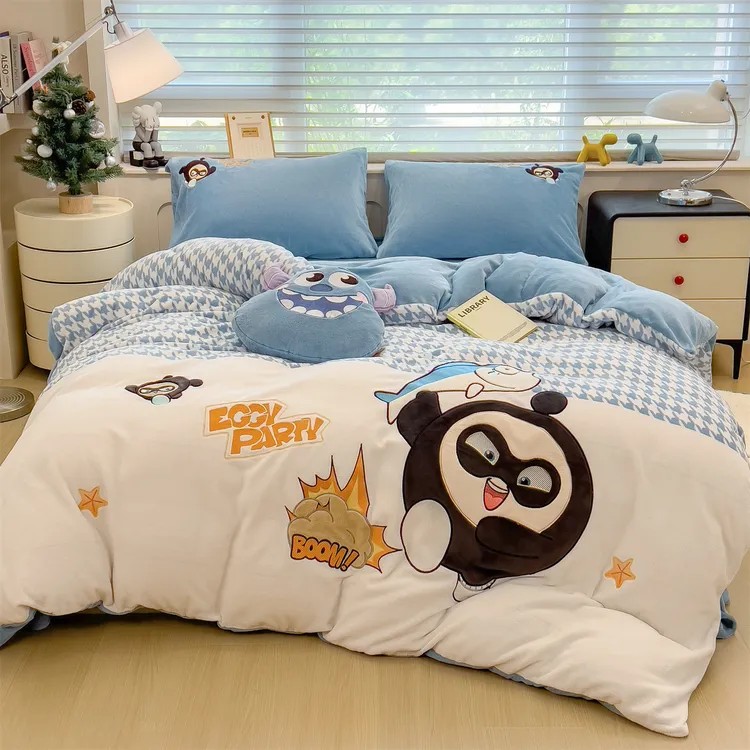 a类卡通牛奶绒四件套贴布绣三件套双面绒加厚法兰绒蛋仔奥特曼