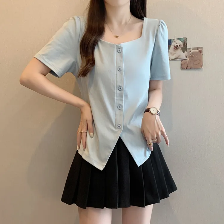 2025夏装新款胖mm大码女优雅气质修身显瘦泡泡袖别致小衫A1738