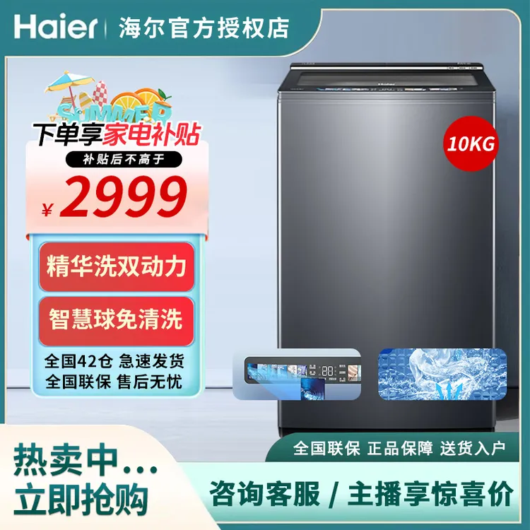 海尔10KG全自动波轮洗衣机家用精华洗双动力免清洗防缠绕