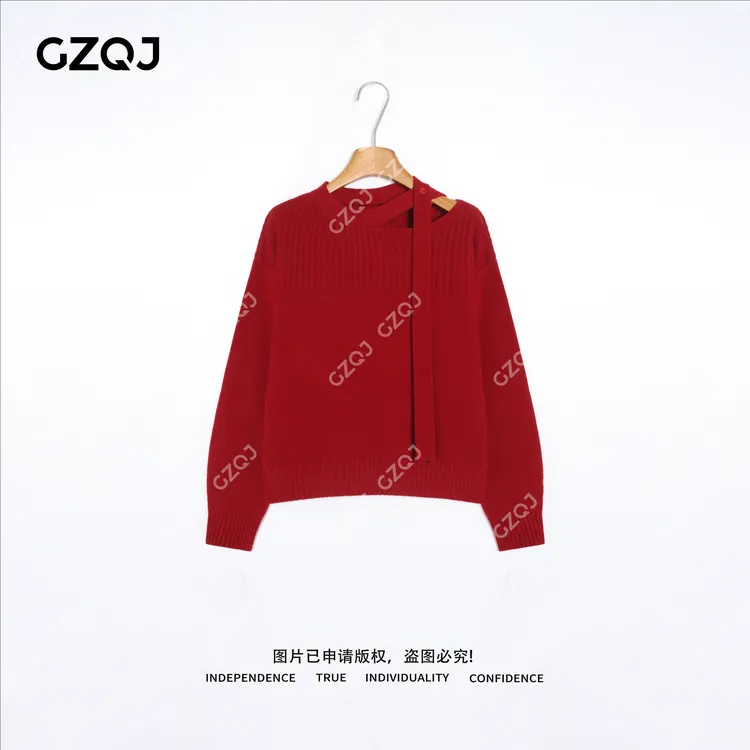 老琴私服【红妆束】100绵羊毛法式气质露肩飘带圆领毛衣女冬季 9934